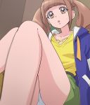  1girl :o blue_jacket brown_eyes brown_hair green_skirt haruyama_kazunori healin&#039;_good_precure hiramitsu_hinata jacket legs looking_at_viewer panties pantyshot precure shirt sitting skirt solo sweatdrop twintails underwear white_panties yellow_shirt 