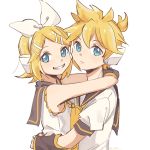  1boy 1girl aqua_eyes arm_warmers arms_around_neck arms_around_waist bangs bare_shoulders black_collar black_sleeves blonde_hair bow closed_mouth collar expressionless from_side grey_collar grey_sleeves grin hair_bow hair_ornament hairclip headphones highres hug kagamine_len kagamine_rin looking_at_viewer looking_to_the_side m0ti neckerchief necktie sailor_collar school_uniform shirt short_hair short_ponytail short_sleeves sleeveless sleeveless_shirt smile spiked_hair swept_bangs twitter_username upper_body vocaloid white_background white_bow white_shirt yellow_neckwear 