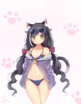  1girl animal_ear_fluff animal_ears ass_visible_through_thighs bikini black_hair blue_bikini blush cat_ears cat_tail cowboy_shot dated eyewear_on_head green_eyes highres karyl_(princess_connect!) long_hair looking_at_viewer low_twintails multicolored_hair navel paw_background pink_background princess_connect! princess_connect!_re:dive seboneko signature solo streaked_hair sunglasses swimsuit tail thigh_gap twintails very_long_hair 