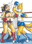  2018 2_tails anthro bangs black_hair blue_boots blue_clothing blue_eyes boxing boxing_gloves boxing_shorts breasts bruised buckler canid canine clothing dcheese determined dipstick_tail domestic_cat duo exposed_breasts felid feline felis female fighting_ring fox fur hair handwear hi_res honey_the_cat male mammal miles_prower mouthguard multi_tail multicolored_tail nipples orange_eyes ponytail red_boots red_clothing sonic_the_fighters sonic_the_hedgehog_(series) sport tan_body tan_fur traditional_media_(artwork) uppercut white_body white_fur yellow_body yellow_fur 