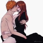  1boy 1girl bleach blush breast_press breasts brown_hair closed_eyes couple fitstarrysky happy hetero highres inoue_orihime jewelry kurosaki_ichigo large_breasts lips long_hair open_mouth orange_hair parted_lips ring shirtless short_hair simple_background sitting sitting_on_lap sitting_on_person twitter_username wedding_ring white_background 