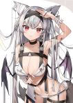  1girl animal_ears arm_up armpits bandaged_arm bandages bikini black_choker breasts choker cleavage closed_mouth collarbone cowboy_shot demon_wings fox_ears fox_girl fox_tail hair_ribbon highres large_breasts long_hair looking_at_viewer multiple_straps navel original red_eyes ribbon salute silver_hair smile solo standing stomach swimsuit tail very_long_hair white_background white_bikini wings yayoichi_(yoruyoru108) 