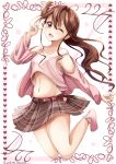  1girl 22/7 ;d artist_name belt brown_hair brown_skirt full_body hair_ornament hair_scrunchie hand_up long_hair navel one_eye_closed open_mouth pink_legwear pink_scrunchie scrunchie side_ponytail simple_background skirt smile socks solo toda_jun v yukimi_kazusa 