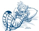  2020 anthro blue_and_white candy casual_nudity chocolate chocolate_bar chocolate_bunny conditional_dnp convenient_censorship curled_up digitigrade english_text eyes_closed felid female flora_(twokinds) food food_in_mouth fur happy hi_res hug keidran lying mammal monochrome navel nude on_back pantherine pillow pregnant simple_background sketch smile solo striped_body striped_fur stripes text tiger tom_fischbach twokinds webcomic white_background 