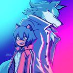  1:1 2020 ambarsenpai anthro black_nose blue_body blue_eyes blue_fur blue_hair brand_new_animal brown_body canid canine canis clothed clothing coat duo eyes_closed facial_markings female fluffy fluffy_tail fur hair head_markings hi_res jacket looking_at_viewer male mammal markings mask_(marking) michiru_kagemori open_jacket open_mouth raccoon_dog shirou_ogami smile studio_trigger tanuki topwear wolf 