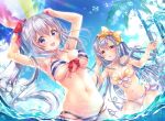  2girls :d aoba_chise aoba_project aoba_rena armpits arms_up ass_visible_through_thighs ball bare_arms bare_shoulders beachball bikini blue_hair blue_sky bow breasts breasts_apart cloud day floating_hair front-tie_bikini front-tie_top hair_bow halter_top halterneck highleg highleg_bikini highres holding large_breasts lens_flare long_hair looking_at_viewer mismatched_bikini multiple_girls navel open_mouth outdoors palm_tree parted_lips purple_eyes red_bow red_eyes sakura_moyon silver_hair sky smile stomach striped striped_bikini sunlight swimsuit tree very_long_hair wading water yellow_bow 