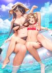  2girls armpits bare_shoulders bikini black_hair blue_eyes blush breasts brown_hair choker cleavage cloud collarbone commentary_request day eyebrows_visible_through_hair eyes_visible_through_hair hair_between_eyes hat heart large_breasts long_hair looking_at_viewer masami_chie midriff multiple_girls navel one_eye_closed open_mouth original outdoors partially_submerged short_hair sky sleeveless small_breasts smile stomach swimsuit teeth tongue translation_request water wet yellow_eyes 