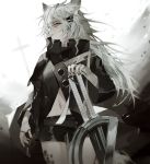  1girl absurdres animal_ear_fluff animal_ears arknights black_nails closed_mouth from_side hair_ornament hairclip highres holding holding_weapon katana lappland_(arknights) long_hair looking_at_viewer pale_skin scar scar_across_eye shorts silver_eyes silver_hair solo standing sword user_xgev2783 very_long_hair weapon wolf_ears 