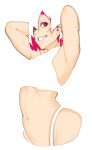  1girl arms_up bikini dyun highres mole mole_under_eye multicolored multicolored_hair navel original pink_eyes pink_hair short_hair simple_background smile solo swimsuit teeth white_background white_hair 
