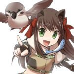  1girl :d animal_ears bangs bird bow brown_gloves brown_shirt cat_ears commentary_request crop_top cropped_jacket elbow_gloves eyebrows_visible_through_hair fingerless_gloves fish gloves green_eyes hair_bow hunter_(ragnarok_online) jacket long_hair looking_at_viewer natsuya_(kuttuki) open_mouth ragnarok_online red_bow shirt short_sleeves simple_background smile solo sparrow upper_body v-shaped_eyebrows white_background white_jacket wristband 