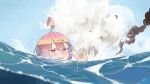  1girl ahoge blue_sky blush explosion highres i-58_(kantai_collection) kantai_collection looking_at_viewer mountain_han ocean pink_hair signature sky smirk smoke solo v water waves 