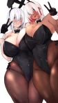  2girls animal_ears black_bow black_gloves black_legwear black_leotard blush bow breasts bunny_ears bunny_girl cleavage commentary_request covered_navel dark_skin detached_collar ear_piercing fang gloves hair_between_eyes hand_on_another&#039;s_hip heart highleg highleg_leotard highres large_breasts leotard medium_hair multiple_girls oosaki_356 open_mouth original pale_skin pantyhose parted_lips piercing pink_hair short_hair silver_hair thick_thighs thighs v white_background wrist_cuffs 