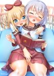  2girls artist_name bar_censor blonde_hair blue_eyes blush book breast_grab breasts cedar_(artist) censored closed_eyes couch female_ejaculation fingering glasses grabbing grabbing_from_behind ikeda_chizuru indoors library long_hair looking_at_another multiple_girls nanamori_school_uniform nipple_tweak no_panties on_couch open_mouth pussy pussy_juice red_ribbon ribbon ribbon_hair saliva school_uniform short_hair silver_hair skirt small_breasts smile sweat thighs toshinou_kyouko yuri yuru_yuri 