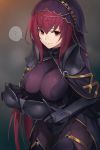  1girl ? armor bodysuit breastplate breasts closed_mouth cowboy_shot cropped fate/empire_of_dirt fate/grand_order fate_(series) garter_straps gauntlets highres impossible_bodysuit impossible_clothes large_breasts long_hair non-web_source pauldrons purple_hair red_eyes scathach_(fate)_(all) shoulder_armor sidelocks smile solo spoken_question_mark steaming_body sweat taishi_(picchiridou) thighhighs veil 