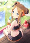  1girl abigail_williams_(fate/grand_order) bangs bare_shoulders bikini black_bikini black_bow blonde_hair blue_eyes blurry blurry_foreground blush bow commentary_request day depth_of_field double_bun emerald_float eyebrows_visible_through_hair fate/grand_order fate_(series) food fruit hair_bow hand_up highres holding holding_food hyonee long_hair looking_at_viewer looking_back orange_bow outdoors parted_bangs parted_lips plate polka_dot polka_dot_bow popsicle sidelocks sitting solo swimsuit veranda water watermelon wind_chime 