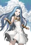  1girl :d absurdres ahoge blue_eyes blue_hair breasts bridal_gauntlets chobbb choker cloud collarbone cowboy_shot dress floating_hair granblue_fantasy hair_intakes highres long_hair lyria_(granblue_fantasy) open_mouth pleated_dress short_dress sleeveless sleeveless_dress small_breasts smile solo standing very_long_hair white_choker white_dress 