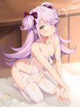  1girl :t ahoge annoyed bare_shoulders blue_eyes blush bottle bow bra breasts closed_mouth hair_bow heterochromia highres honkai_(series) honkai_impact_3rd kanon_12361024 lingerie long_hair looking_at_viewer milk_bottle navel nipple_slip nipples panties pout purple_hair see-through seiza short_twintails signature sin_mal sitting small_breasts solo spilled_milk spilling thigh_strap thighhighs twintails underwear underwear_only v-shaped_eyebrows watermark white_bra white_legwear white_panties yellow_eyes 