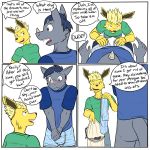  1:1 anthro anthrofied assisted_exposure blush bottomless boxers_(clothing) butt clothed clothing comic covering covering_crotch dialogue duo eeveelution embarrassed english_text fully_clothed fuze hi_res holding_object holding_underwear jolteon male male/male nintendo pants_down partially_clothed pok&eacute;mon pok&eacute;mon_(species) rhydon shirt simple_background t-shirt text topwear underwear video_games white_background 