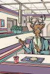  2020 5_fingers anthro antlers beastars beverage black_nose burrito cervid cervine closed_smile clothed clothing colored cute_eyes cutlery detailed_background digital_media_(artwork) dress_shirt english_text fingers fork fur furniture glistening glistening_eyes happy hi_res holding_object horn inside jacket kemono kitchen_utensils knife louis_(beastars) male mammal red_deer shaded shirt sitting solo table taco_bell tan_body tan_fur tapirclip text tools topwear 