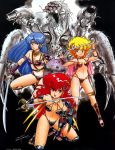  1980s_(style) 3girls akaishizawa_takashi armor bikini_armor blonde_hair blue_hair capelet daitokuji_biko earrings green_eyes highres holding holding_sword holding_weapon jewelry kotobuki_shiiko looking_at_viewer magami_eiko monster_girl multiple_girls navel official_art oldschool open_mouth ornament project_a-ko red_eyes red_hair shield smile sword thighlet vambraces weapon 