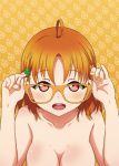  1girl adjusting_eyewear ahoge bare_shoulders breasts collarbone eyebrows_visible_through_hair finger_on_eyewear glasses hair_ornament hairpin love_live! love_live!_school_idol_project love_live!_sunshine!! medium_breasts nude open_mouth orange_background orange_hair out-of-frame_censoring red_eyes satolive20 short_hair solo takami_chika upper_body 