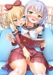  2girls artist_name bar_censor blonde_hair blue_eyes blush book breast_grab breasts cedar_(artist) censored couch fingering glasses grabbing grabbing_from_behind green_eyes ikeda_chizuru indoors library long_hair looking_at_another multiple_girls nanamori_school_uniform nipple_tweak no_panties on_couch open_mouth pussy pussy_juice red_ribbon ribbon ribbon_hair school_uniform short_hair silver_hair skirt small_breasts smile sweat thighs toshinou_kyouko yuri yuru_yuri 