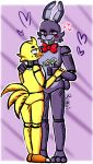  &lt;3 avian beak bird blush bonnie_(fnaf) bow_tie chica_(fnaf) chicken couple_(disambiguation) duo feathers female five_nights_at_freddy&#039;s flower galliform gallus_(genus) lagomorph leporid love male male/female mammal phasianid plant rabbit reikoi02 tail_feathers video_games 