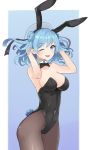  1girl animal_ears black_leotard black_neckwear blue_background blue_eyes blue_hair border bow bowtie breasts brown_legwear bunny_ears bunny_pose bunny_tail bunnysuit commentary_request cowboy_shot detached_collar double_bun hat kantai_collection leotard looking_at_viewer medium_breasts one_eye_closed pantyhose sailor_hat solo standing strapless strapless_leotard tail two-tone_background urakaze_(kantai_collection) white_border white_headwear yuzuruka_(bougainvillea) 