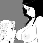  2girls bangs blush breast_sucking breasts clara_(girls_und_panzer) eye_contact girls_und_panzer gradient gradient_background grey_background highres long_hair looking_at_another multiple_girls nipples nonna_(girls_und_panzer) nude onsen_tamago_(hs_egg) simple_background upper_body yuri 