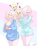  aqua_eyes bare_shoulders blonde_hair blush blush_stickers breasts cleavage coffee_mug collarbone creature crossover cup dated eyebrows_visible_through_hair eyes_visible_through_hair fingernails floating flying_sweatdrops gen_1_pokemon hair_between_eyes hair_over_one_eye highres holding holding_cup holding_pokemon holding_spatula long_fingernails long_hair luma_(mario) mario_(series) metroid mole mole_under_eye mug no_pants one_eye_closed open_mouth pikachu pink_lips pink_nails pokemon pokemon_(creature) purple_eyes rosalina samus_aran scarlet_zel signature smile spatula super_mario_galaxy sweat sweatdrop teeth tongue upper_body 
