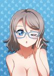  1girl adjusting_eyewear bare_shoulders blue_background blue_eyes breasts collarbone eyebrows_visible_through_hair finger_on_eyewear glasses grey_hair love_live! love_live!_school_idol_project love_live!_sunshine!! medium_breasts nude one_eye_closed open_mouth out-of-frame_censoring satolive20 short_hair solo upper_body watanabe_you 