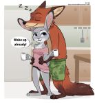  2020 anthro border brown_body brown_fur buckteeth canid canine clothed clothing detailed_background dialogue dipstick_ears dipstick_tail disney duo english_text eyes_closed female fox fridge fur grey_body grey_fur hi_res holding_cup holding_object inner_ear_fluff inside judy_hopps kitchen lagomorph leg_markings leporid male mammal markings multicolored_ears multicolored_tail nick_wilde panties rabbit red_fox riska_(artist) shirt sleeping smile socks_(marking) sound_effects speech_bubble standing teeth text tired topless topwear tuft underwear url white_border zootopia zzz 