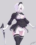  alternate_costume black_legwear blue_eyes breasts cleavage_cutout covered_nipples dated enmaided eyebrows_visible_through_hair eyes_visible_through_hair frills gloves grey_background highres holding holding_weapon katana leotard maid maid_headdress necktie nier_(series) nier_automata parted_lips pink_lips puffy_sleeves scarlet_zel short_hair signature simple_background sword thighhighs weapon white_gloves white_hair white_neckwear yorha_no._2_type_b 