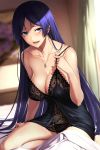  1girl :d bangs black_panties blue_hair blurry blurry_background blush breasts cleavage collarbone covered_nipples depth_of_field fate/empire_of_dirt fate/grand_order fate_(series) highres jewelry large_breasts lingerie long_hair looking_at_viewer minamoto_no_raikou_(fate/grand_order) necklace non-web_source open_mouth original panties parted_bangs purple_eyes ring shijiu_(adamhutt) sitting smile solo strap_slip underwear very_long_hair wedding_band yokozuwari 