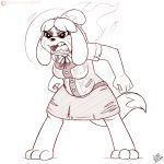  1:1 angry animal_crossing anthro belly big_belly breasts canid canine canis clothed clothing digital_media_(artwork) domestic_dog drxii female fur hair hi_res isabelle_(animal_crossing) mammal nintendo open_mouth pregnant shih_tzu simple_background solo teeth toy_dog video_games 