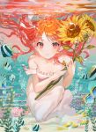  1girl bare_shoulders blush breasts cleavage collarbone eyebrows_visible_through_hair fish flower full_body highres holding holding_flower kinty long_hair looking_at_viewer medium_breasts orange_eyes orange_hair original sleeveless solo submerged sunflower water 