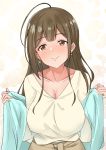  1girl ahoge bangs blush breasts brown_eyes brown_hair cleavage closed_mouth collarbone commentary_request earrings eyebrows_visible_through_hair fingernails hair_over_shoulder hands_up holding holding_clothes idolmaster idolmaster_shiny_colors jewelry kuwayama_chiyuki large_breasts long_hair nakasima-syouta nose_blush shiny shiny_hair smile solo upper_body v-neck w_arms 