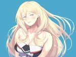  1girl bangs blonde_hair blue_background blue_eyes blush breasts cleavage closed_mouth dress hair_between_eyes highres kantai_collection large_breasts lips long_hair mole mole_under_eye mole_under_mouth richelieu_(kantai_collection) shingyo simple_background sleeveless sleeveless_dress solo 