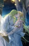  2boys armlet back_tattoo bangs bare_shoulders blonde_hair bracelet closed_eyes commentary earrings english_commentary enkidu_(fate/strange_fake) eyebrows_visible_through_hair fate/grand_order fate_(series) from_side gilgamesh green_hair highres holding_hands jewelry kiss long_hair male_focus multiple_boys necklace night night_sky rrr_(reason) sample short_hair sitting sky star_(sky) starry_sky tattoo very_long_hair white_robe yaoi 