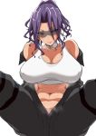  1girl bare_shoulders belt_collar blue_hair blush breasts brown_eyes choker cleavage closed_mouth collar covered_nipples curly_hair highres highschool_of_the_dead large_breasts looking_at_viewer medium_hair minami_rika navel sitting smile solo sports_bikini spread_legs stomach sunglasses tawashi1623 