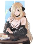  1girl bare_shoulders blonde_hair breasts cake cellphone chair choker cleavage english_commentary food hair_over_one_eye highres holding holding_spoon jewelry large_breasts light_smile long_hair looking_at_viewer necklace phone plate pokemon pokemon_(game) pokemon_bw shirona_(pokemon) sitting solo spoon table the_kingduke very_long_hair 