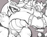  5:4 anal anthro balls bowser bowserboy101 charizard genitals group group_sex incineroar koopa male male/male mario_bros monochrome nintendo oral penis pok&eacute;mon pok&eacute;mon_(species) scalie sex spitroast video_games 