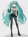  1girl absurdres aqua_eyes aqua_hair bangs bare_shoulders beige_background black_footwear black_legwear blue_eyes blush breasts cleavage commentary_request detached_sleeves fingernails full_body gotoh510 gradient gradient_background green_nails grin hair_ornament hand_on_hip hand_up hatsune_miku headset highres long_hair long_sleeves looking_at_viewer medium_breasts necktie neckwear_grab open_mouth pantyhose parted_lips pleated_skirt shadow sharp_fingernails sharp_teeth shirt shoulder_tattoo skirt sleeveless sleeveless_shirt smile solo standing symbol-shaped_pupils tattoo teeth thighhighs twintails two-tone_skirt very_long_hair vocaloid 