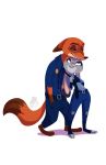  2016 absurd_res anthro barefoot bottomwear buckteeth canid canine clothing disney duo eyes_mostly_closed fox fur grey_body grey_fur hi_res itty_bitties judy_hopps lagomorph leporid mammal narrowed_eyes necktie necktie_grab nick_wilde orange_body orange_fur pants police_uniform rabbit red_fox shirt simple_background standing teeth topwear uniform white_background zootopia 