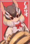  1girl absurdres bow bowtie brown_eyes brown_hair chipmunk_(kemono_friends) chipmunk_ears chipmunk_girl eyebrows_visible_through_hair hair_between_eyes highres holding_tail kemono_friends looking_down notora red_neckwear solo tail 