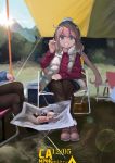  1girl :d black_legwear blue_eyes blush camping closed_mouth eyebrows_visible_through_hair hair_between_eyes hat highres kagamihara_nadeshiko long_hair long_sleeves looking_at_viewer open_mouth pantyhose pink_hair sakurami_sumi scarf smile solo twintails yurucamp 