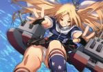  1girl aa_gun american_flag american_flag_legwear american_flag_print azur_lane bangs black_gloves black_skirt blonde_hair blue_background blue_jacket breasts capelet cleveland_(azur_lane) commentary_request cowboy_shot fingerless_gloves flag_print floating_hair fu-ta gloves grin hair_ornament jacket kneehighs long_hair looking_at_viewer miniskirt multicolored multicolored_clothes multicolored_legwear outstretched_arms panties pantyshot parted_bangs red_eyes rigging side-tie_panties side_ponytail skirt small_breasts smile socks solo star_(symbol) star_print turret underwear white_capelet white_panties 