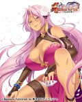  1girl bare_shoulders bibyo blue_eyes breasts cleavage cup dark_skin facial_mark forehead_mark hair_ornament koihime_musou large_breasts lips long_hair makeup nail_polish official_art pink_hair sakazuki shin_koihime_musou sleeveless smile solo sonken_bundai thigh_strap very_long_hair 