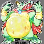  1:1 2019 anthro cape claws clothing crocodilian crown donkey_kong_(series) english_text hi_res king_k._rool kremling male navel nintendo open_mouth overweight overweight_anthro overweight_male quas-quas reptile scalie signature simple_background solo teeth text tongue tongue_out video_games 