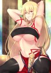  1girl aster_crowley bikini black_legwear blonde_hair bodypaint breasts fate_(series) genderswap genderswap_(mtf) gilgamesh gilgamesh_(caster)_(fate) highres kneeling large_breasts long_hair midriff red_eyes solo swimsuit thighhighs 